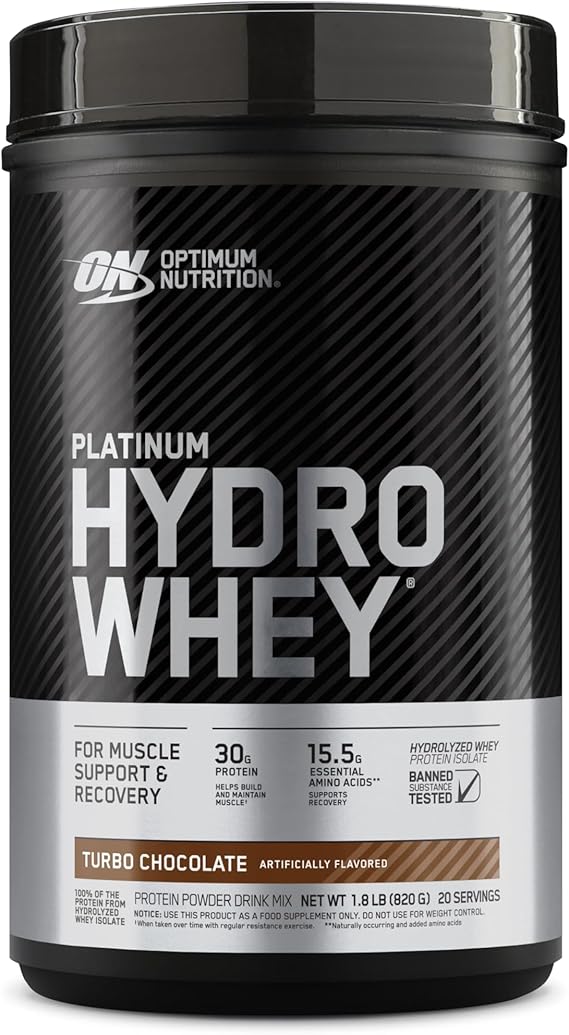 Optimum Nutrition Platinum Hydrowhey Protein Powder, Turbo Chocolate, 2 LB | 100% Hydrolyzed Whey Protein Isolate, 30g Protein per Serving with BCAAs, Gluten Free, Banned Substance Tested, Easy Mixing