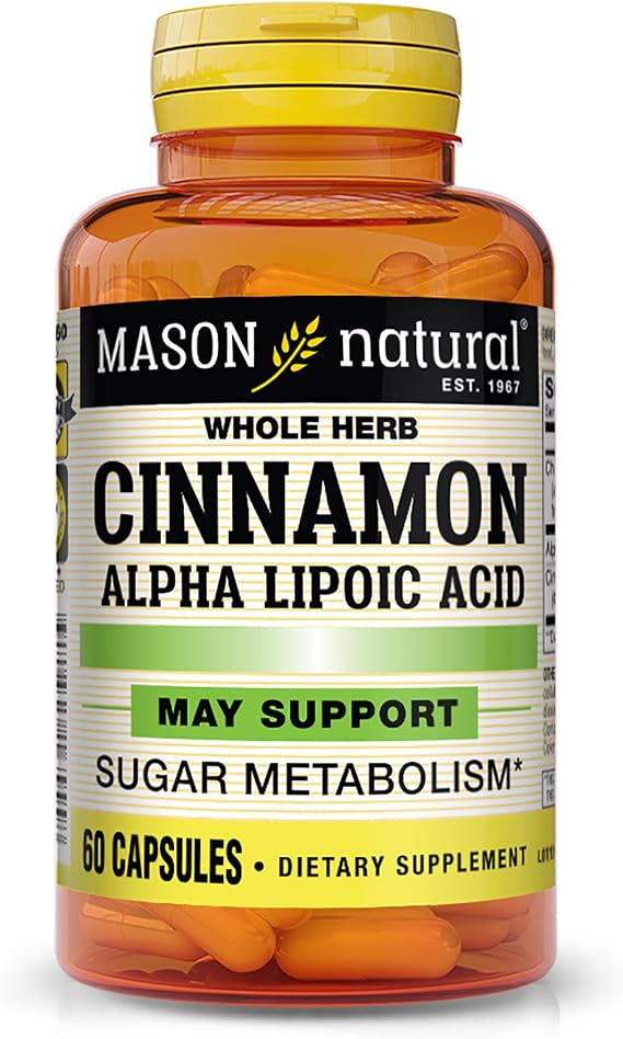 MASON NATURAL Whole Herb Cinnamon with ALA & Chromium, 60 Day Supply | 500mg cinnamon, 150mg alpha lipoic acid & 100mcg chromium to support normal cellular & circulatory function
