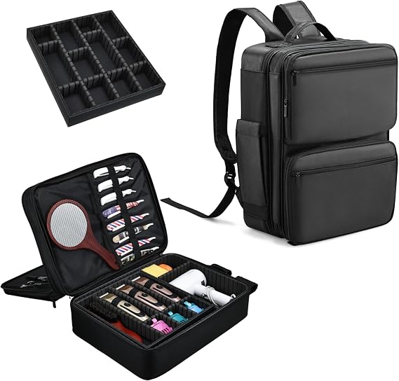 Yueieoun Barber Bag with Detachable Tray, 16.8-in Travel Backpack for Clippers and Supplies, Large Capacity Hairdresser Bag with Adjustable Dividers for Hair Cutting Tools