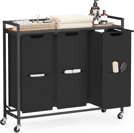 VASAGLE Laundry Sorter 3 Section, Rolling Cart with Shelf 43.5 Gal. (165 L)