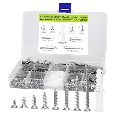 M3 Flat Head Wood Screws Assortment Fasteners Kit 420pcs,Phillips Drive Countersunk Head Self-Tapping Screws,304 Stainless Steel,Contains 20pcs M6 Screw Anchors