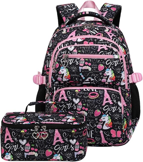 JiaYou Girls Cute trendy Backpack 2Pcs Primary School Bag With insluated Bag(Black,22 Liter)