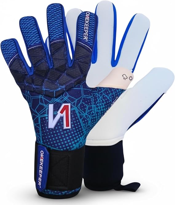 ONEKEEPER C-TEC Aqua No Finger Spines Cold and Wet Weather with Thin Neoprene Backhand Pro Goalie Gloves, 3.5mm Aqua Latex, Negative Cut, Sizes 8-12