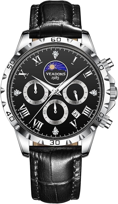 Mens Moon Phase Watch Quartz Analog Watch Men Luminous Waterproof Dress Watches, Stainless Steel Chronograph Watches Gifts for Man, Men's Big Face Wrist Watches