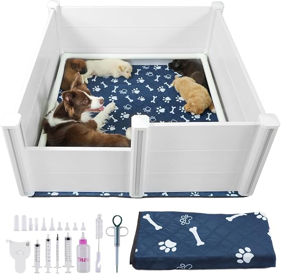 Whelping Box for Dogs and Puppies, PVC Dog Pen, Dog Whelping Pen, 28.3''x28.3''x18.1'' Dog Whelping Box with Washable Pee Pad, Puppy Whelping Supplies for Small Dogs