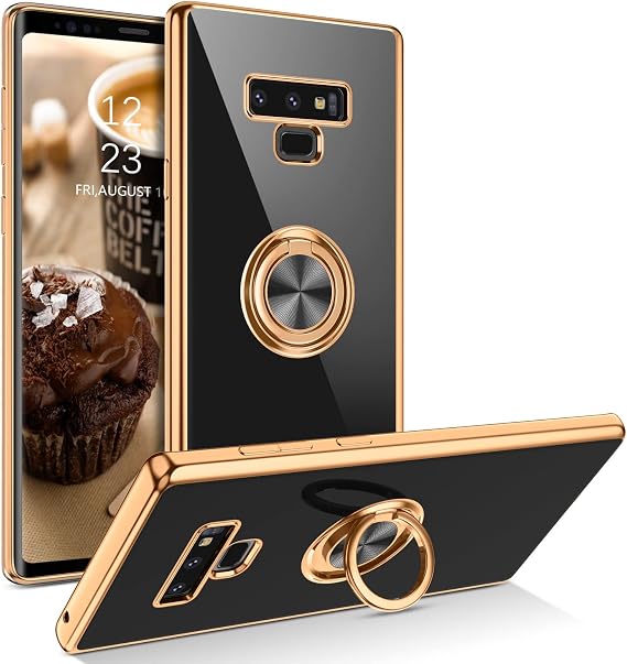 DUEDUE for Samsung Galaxy Note 9 Case with Ring Holder Kickstand 360 Degree Rotation Magnetic Car Finger Soft TPU Slim Cover Shockproof Protective Phone Case for Samsung Note 9 6.4 Inch, Black
