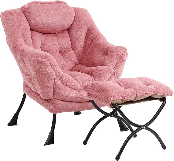 Furlide Lazy Chair with Ottoman, Comfy Plush Reading Chair for Bedroom,Pink