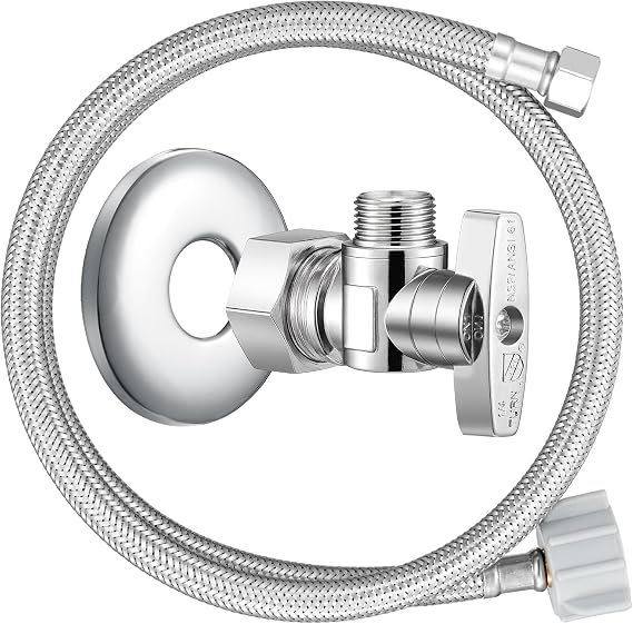 36'' Toilet Water Supply Line & Shut Off Valve Installation Kit, 1/2" NOM Inlet x 3/8" Compression Outlet Valve, 7/8" BC x 3/8" COMP Water Line Hose, Chrome Flange Escutcheon Plate