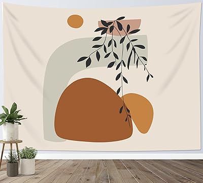HVEST Mid Century Abstract Tapestry Wall Hanging Boho Leaf Modern Sun Minimalist Art Wall Hanging Tapestry Retro Geometric Aesthetic Beige Tapestry for Bedroom Living Room Wall Decor, 60x40 Inches
