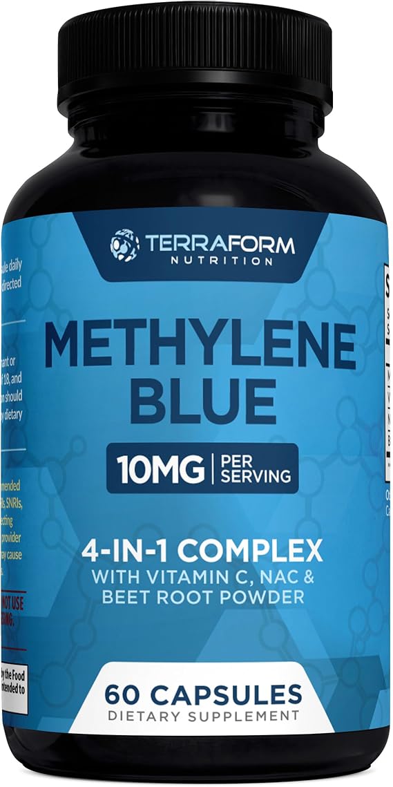 TerraForm Nutrition Methylene Blue Capsules 10mg USP Pharmaceutical Grade Supplement with Vitamin C, NAC & Beet Root - Easy Alternative to Methylene Blue Drops or Solution - 60 Servings