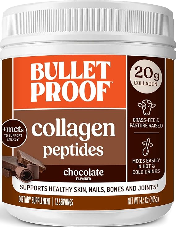 Bulletproof Chocolate Collagen Peptides Powder with MCT Oil, 14.3 Ounces, Grass-Fed Collagen Protein for Skin, Bone and Joint Support, Pasture Raised, No Added Hormones