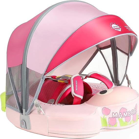 Mambobaby マンボベイビー 空気注入式ベビープールフロート 尻尾とキャノピー付き UPF 50+ 日焼け防止 フリップオーバーなし 乳児用浮き輪 肌に優しいマンボフロートスイムトレーナー ソリッドベビースイミングリング