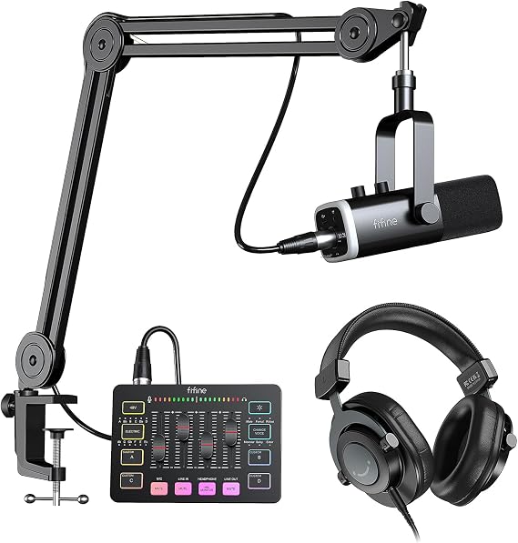FIFINE XLR/USB Microphone Set with Gaming Audio Mixer, Metal Sturdy Mic Arm Stand, Over-Ear Wired Headphone for Streaming, Podcast, Recording