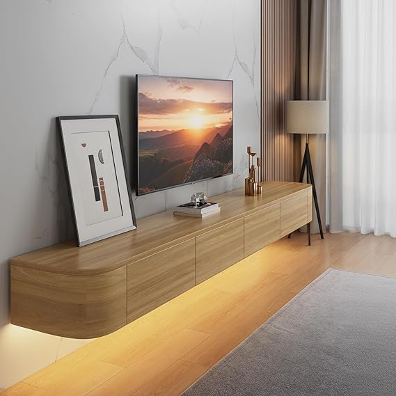 Floating TV Unit with Drawer – Pre-Assembled Wooden Wall Mounted TV Cabinet, Modern Floating Media Console for Living Room, Space-Saving TV Storage Unit (Wood+led, 140cm/55in)