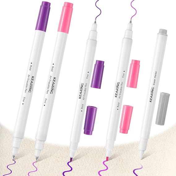 Avenuebool Fabric Markers for Sewing, 5 Count Pack - 4 Air Erasable Fabric Marking Pens + 1 Eraser Pen, Disappearing Ink Pen for Fabrics Sewing Quilting Embroidery Supplies (Purple+Pink, Air Erasable)