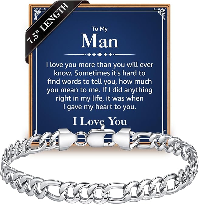 IEFLIFE Gifts for Men Bracelet - Bracelet Gifts for Men from Wife, Anniversary Birthday Gift for Man Husband, Silver Stainless Steel Figaro Chain Bracelets Gift for Man Him Jewelry
