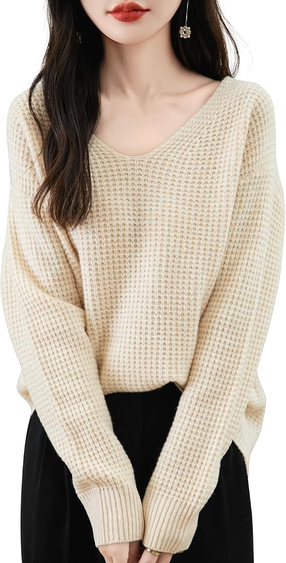Chanyarn Women's 100% Merino Wool Sweater 2024 Fall Winter Casual V Neck Long Sleeve Waffles Knit Sweater Pullover