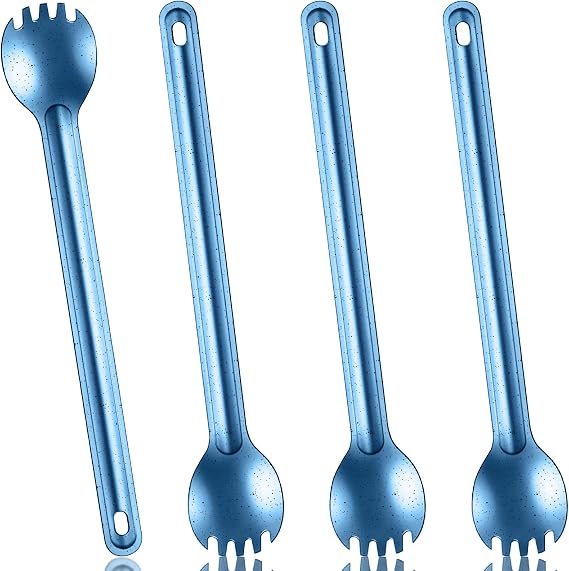 4 Pcs Titanium Long Spork Handle Backpacking Spoon, Blue