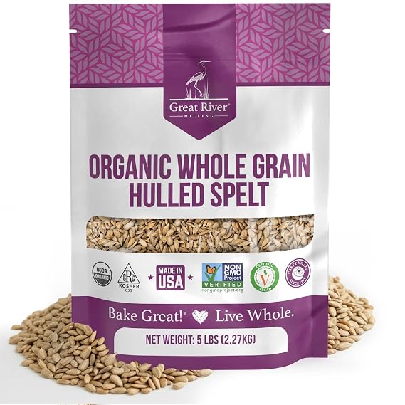 Great River Milling Organic Hulled Spelt Berries, Ancient Grain, 5 lb | Organic Hulled Spelt Berries for fresh spelt flour, bread, salads, pilaf, hot cereal and grain bowls; chewy cooked berries