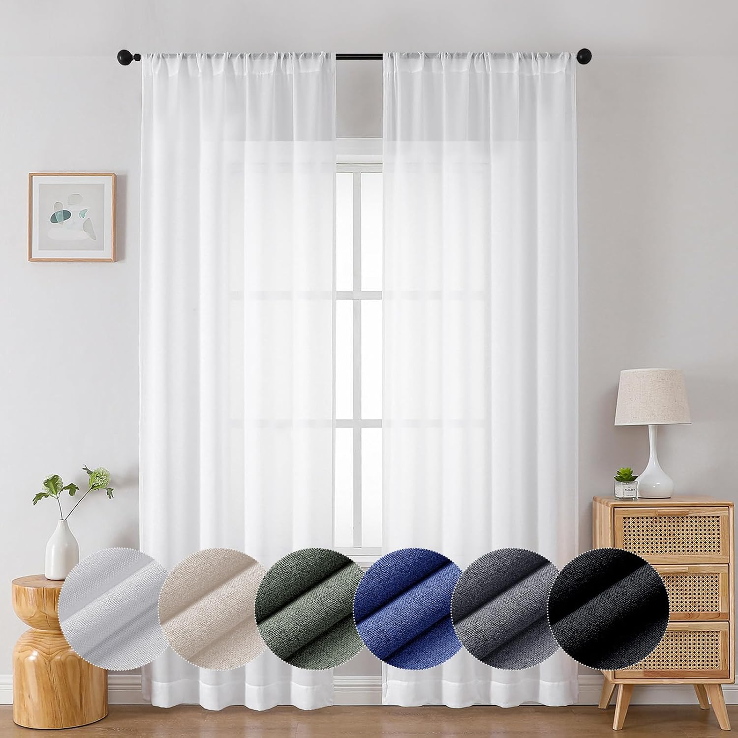 Lecloud Serena Semi-Sheer White Curtains, 84 Inch Length, Lightweight, Light-Filtering, Rod Pocket, Solid, Bedroom & Living Room Each 40 W x 84 L, 2 Panels Set, White