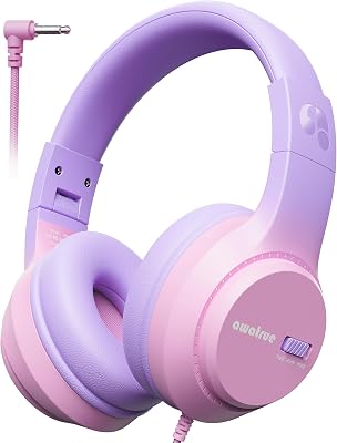 Kids Headphones, 748594dB Volume Limiter, Foldable Wired Over Ear Headphones for Travel, 3.5mm Jack, Toddler Headphones for School, Chromebook, iPad, Tablet, Purple Pink