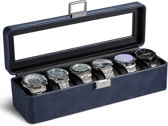 VLANDO Watch Case for Men, 6 Slot Lockable Watch Box for Men with Glass Lid