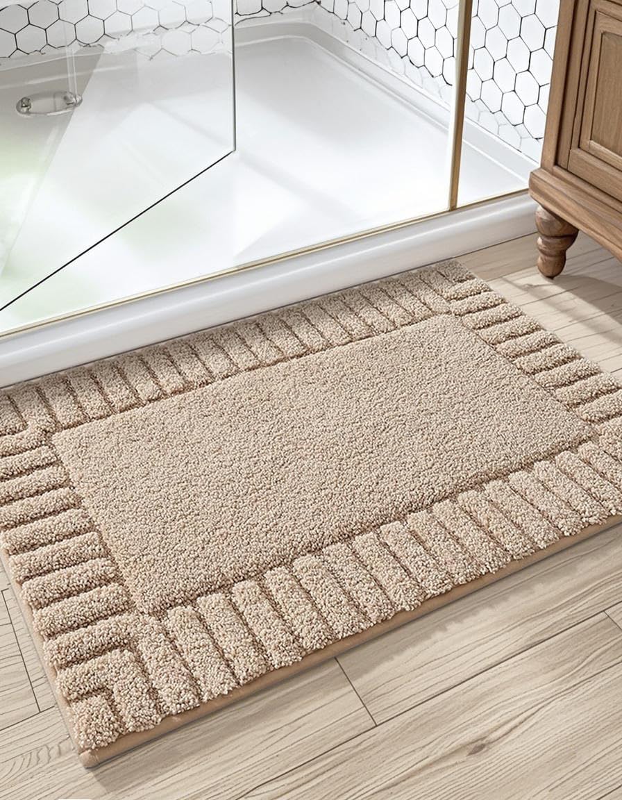 DEXI Bath Mats for Bathroom, 16x24 Soft Absorbent Bath Mat, Washable Microfiber Bathroom Rugs with Non Slip Backing for Shower Floor, Beige