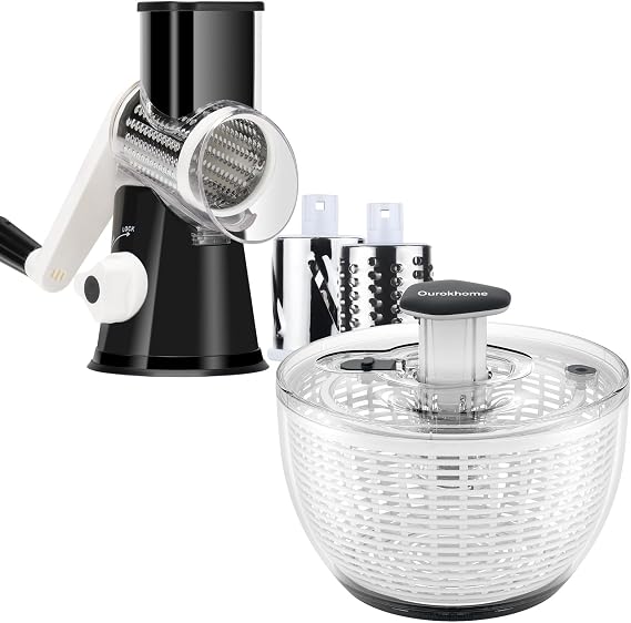 Ourokhome Salad Spinner Lettuce Spinner, One-handed Easy Press Large Salad Dryer Mixer and Rotary Cheese Grater Shredder - 3 Drum Blades Manual Speed Round Food Slicer Nut Grinder