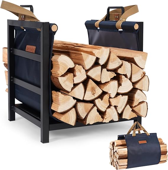 Firewood Rack Indoor Outdoor with Firewood Carrier,16 inch, Navy | Fireplace Wood Log Holder Heavy Duty Metal, Indooor Firewood Holder for Fireplace Wood Storage