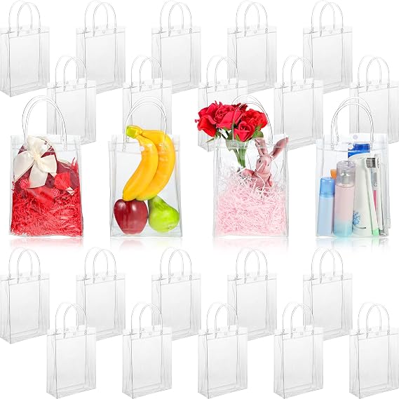 Saintrygo 25 Pieces 25 Pcs Clear PVC Gift Bags with Handles 9.1" x 6.7" x 2.8" Reusable Plastic Wrap Tote Transparent Shopping Bag for Birthday Wedding Party Favors Baby Shower Retail Business