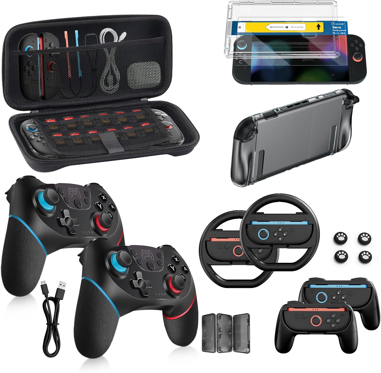 Switch 2 Accessories Bundle for Nintendo 17-in-1: 2 Pro Controllers, Dockable Carrying Case, Screen Protector, Thumb Grip for Joycon Console Protective Cover Shell Steering Wheel 2025 Switch2 Game Kit