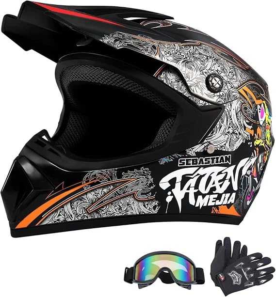 Motocross Helmet ATV Dirt Bike Helmets Off-Road Helmet with Gloves Goggles for Unisex Adult Youth DOT/FMVSS 218 Approved (X-Large, Black)