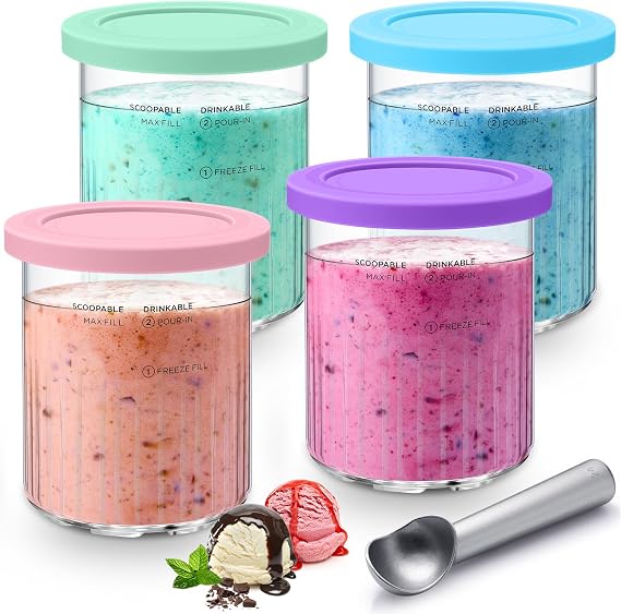 Ice Cream Pint Containers Replacement for Ninja Cream Pints and Lids - 4 Pack NC501 NC500 Series Deluxe Cream Maker 24oz Deluxe 11-in-1 Creamy Ice Cream Container Cups, ICP-0002