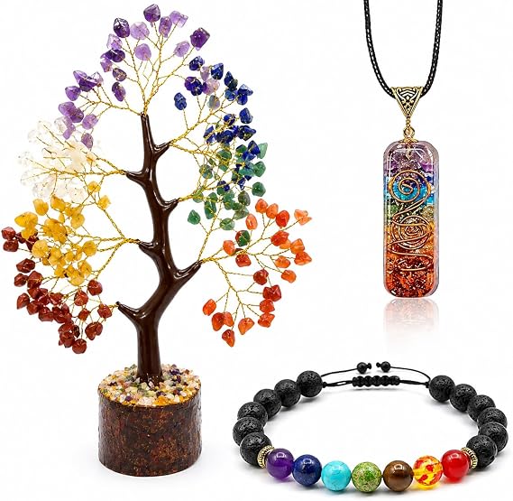 Seven Chakra Crystal Tree (1012 Inch) with Lava Stone Bracelet & Orgone Pendant | Gemstone Bonsai Tree for Home Decor Desk Decoration Meditation Yoga Feng Shui Spiritual Gift Set