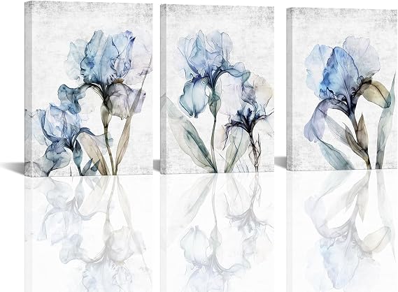 LoveHouse Blue and Grey Bathroom Wall Decor Blue Flower Painting Canvas Art Iris Floral Picture Artwork Prints (Blue)