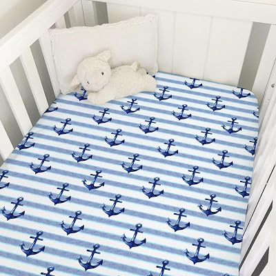 Navy Nautical Life Baby Crib Sheets 52x28 Watercolor Anchors Stripes Snug Fitted Crib Mattress Sheet for Boy Girl Marine Ocean Soft Nursery Bed Sheets for Standard Crib and Toddler Mattresses