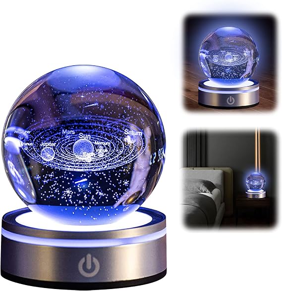 3D Planet Crystal Ball 3D Crystal Ball Night Light 3D Solar System Crystal Ball with LED Colourful Night Light Base USB Data Cable Astronomy Gifts Planet Model for Desk Decoration