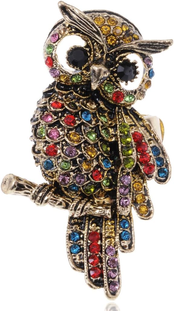 Alilang Womens Stretchy Antique Golden Tone Multicolored Rhinestones Rainbow Owl Bird Ring