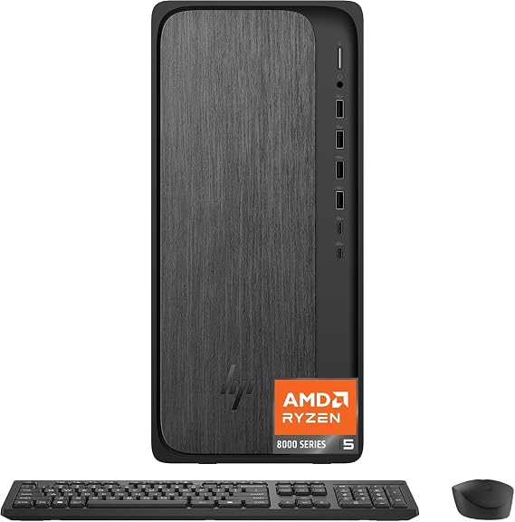 HP OmniDesk Desktop Computer PC AMD 8-Cores Ryzen 5 Radeon 740M Graphics Support Quad Monitor Wi-Fi 6 8GB DDR5 1.2TB Storage(256GB SSD and 1TB HDD) Wireless Keyboard and Mouse