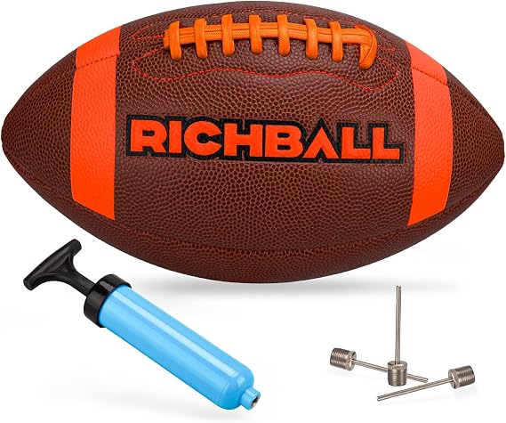 Richball Kids Youth Football - Official Size 9 for Juniors and Adults, Waterproof All-Weather Premium Composite Leather Football for Indoor & Outdoor Play, Includes
