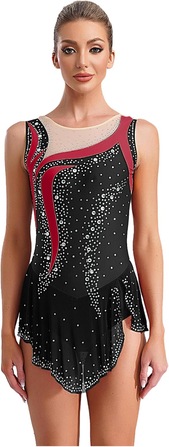 Women Rhythmic Gymnastics Competition Leotard Sleeveless Rhinestones Figure Skating Dress
