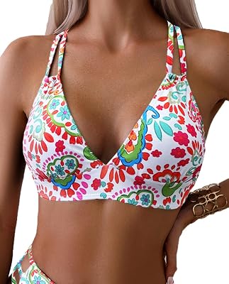 Tainehs Womens Push Up V Neck Bikini Tops Criss Cross Back Padded Bathing Suit Top Only