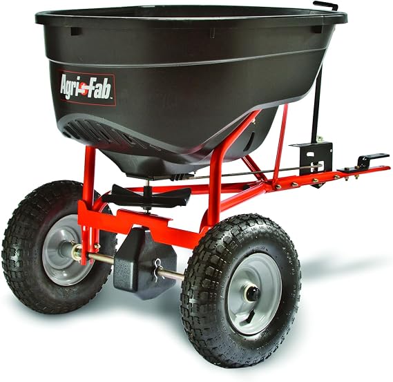Agri-Fab Pull Behind Broadcast Spreader for Seed, Fertilizer, Salt and Ice Melt, 130 lb Hopper Capacity with Universal Hitch and 12 Ft Spread Width