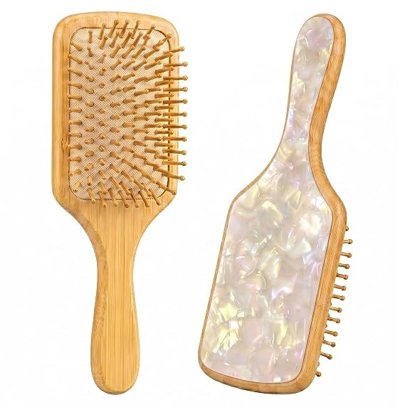 Bamboo Hair Brush for All Hair Types, White | Natural Wooden Paddle Brush Effortlessly Detangler Wet, Dry, Thick, Thin, Curly & Straight Hair for Women