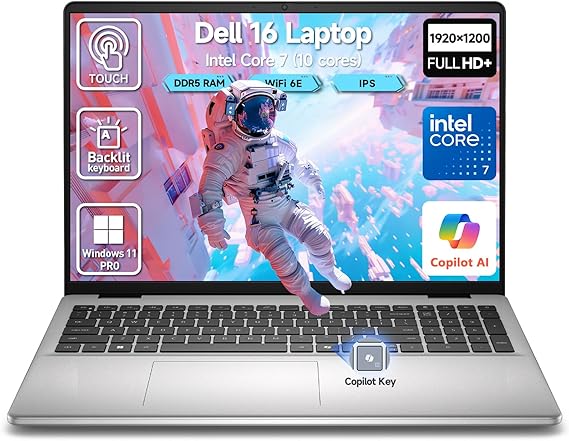 Dell 2026 16 Touchscreen Laptop Computer, 16" FHD+ Touch Screen Business Laptop PC, Intel 10-Core 7 (> i7-1355U), 32GB DDR5 1TB SSD, Windows 11 Pro, Backlit Keyboard, Fingerprint Reader, Wi-Fi 6E