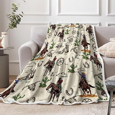 Western Cowboy Fleece Throw Blanket for Couch, Sofa, Farmhouse Country Southwestern Cactus Blankets, American West Cowboy Riding Horse in Desert Throws and Blankets, 50X60in