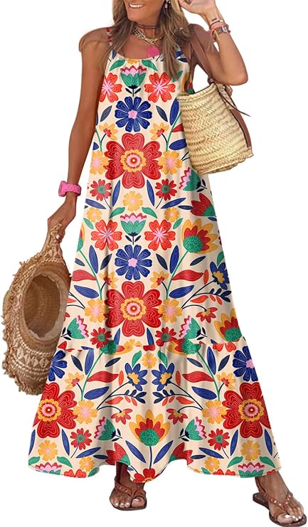 Dokotoo Women Summer Dresses Scoop Neck Ruffle Flowy Boho Maxi Dress