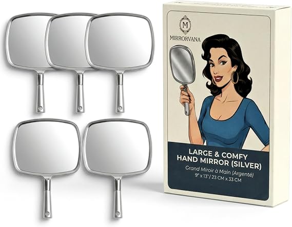 MIRRORVANA 5-Pack Large Handheld Mirror Set, Comfy Grip, 13" x 9" (Silver)