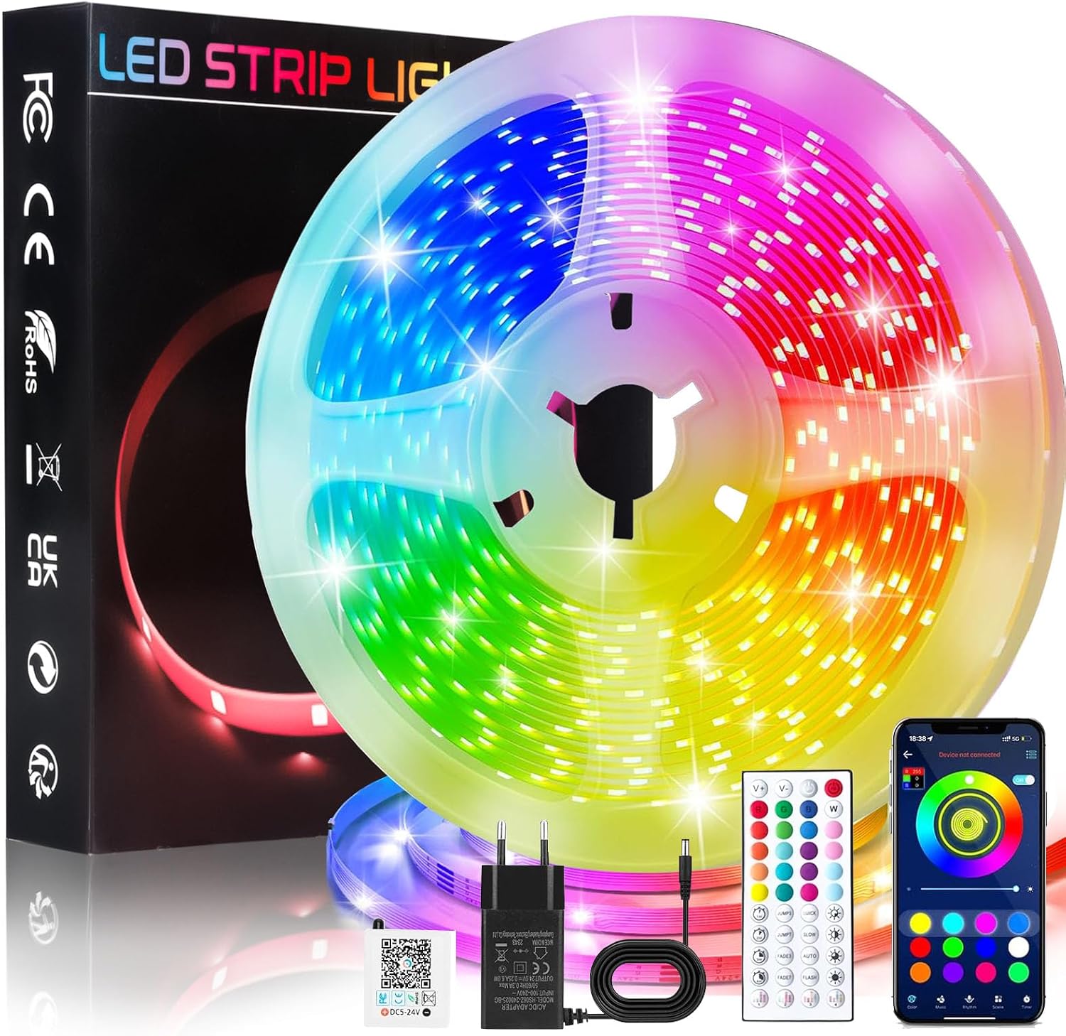 PQETBV Strip 10 m Bluetooth Smart App Self-Adhesive Strip with Remote Control Suitable for Timer RGB Setting in Family Parties Banquets Rooms and Other Places [Energy Class A]