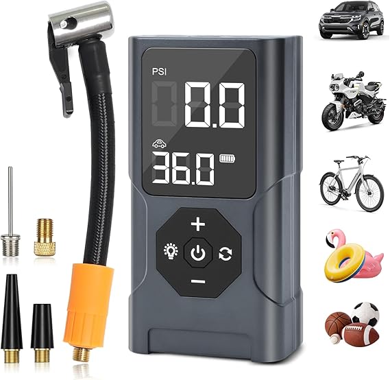 Tire Inflator Portable Air Compressor - Air Pump For Car Tires with Digital Pressure Gauge, LED Light and Auto Shut-Off Function - Cordless Pump for Car, Motorcycle, Bicycle, Ball